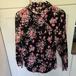 Vintage Black Blouse With Pink Floral Pattern